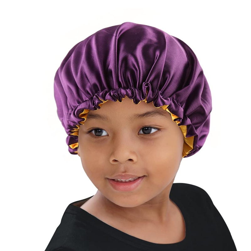 ELIHAIR قبعات نوم للأطفال من ELIHAIR، قبعات مريحة للمراهقين والأطفال الصغار، قبعة ساتان حريرية قابلة للتعديل وقابلة للعكس بطبقتين، لون لافندر/أصفر - Image 5